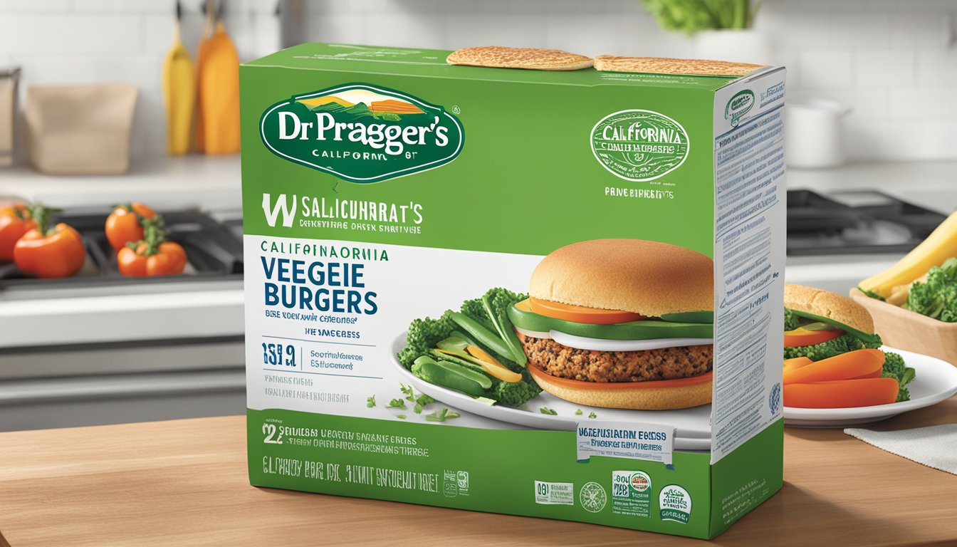 A package of Dr. Praeger's California veggie burgers sits open on a kitchen counter, surrounded by fresh vegetables and a sizzling skillet