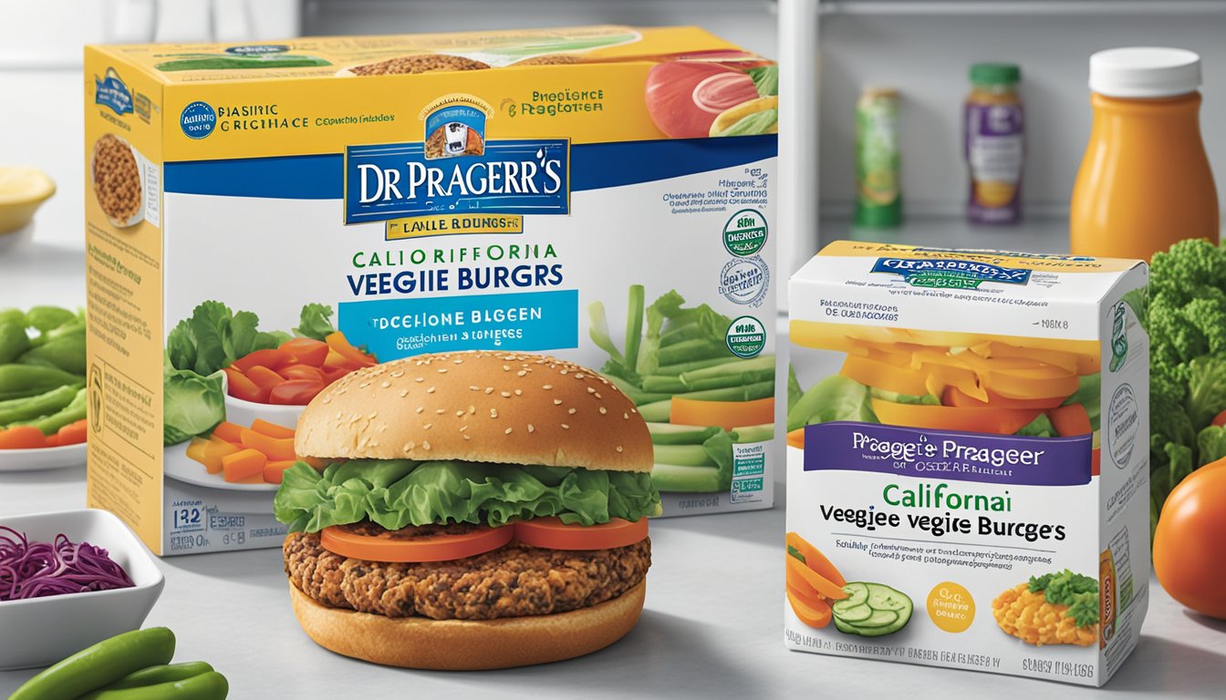 A package of Dr. Praeger's California Veggie Burgers sits in a refrigerator next to a variety of fresh vegetables and condiments