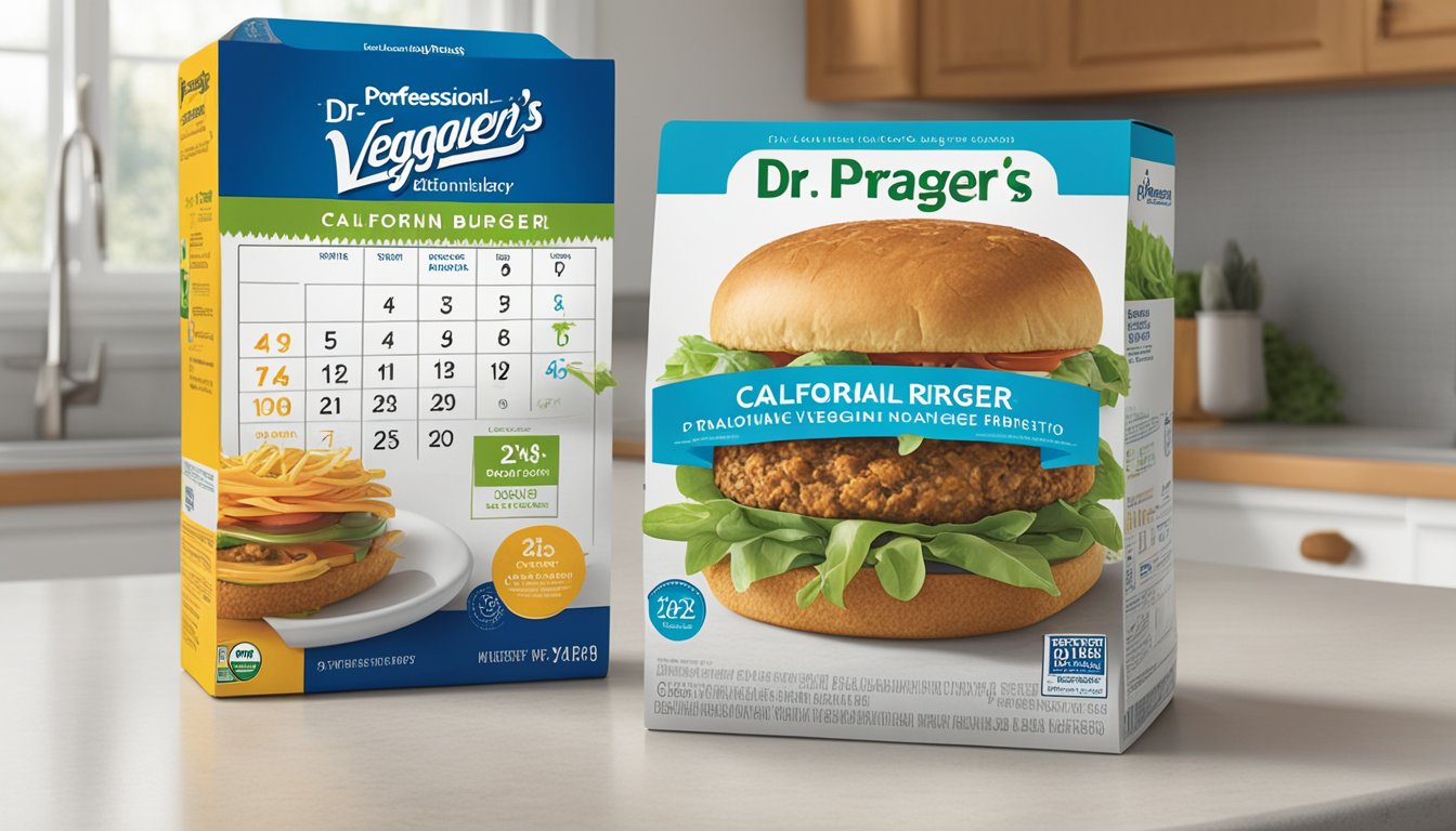 A package of Dr. Praeger's California veggie burgers sits on a kitchen counter next to a calendar showing the current date