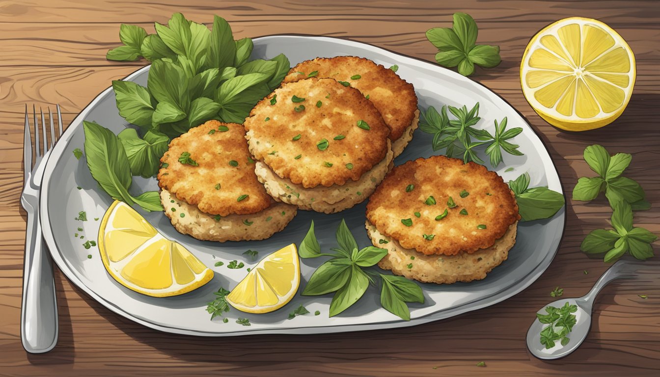 A plate of crab cakes sits on a rustic wooden table, surrounded by lemon wedges and garnished with fresh herbs