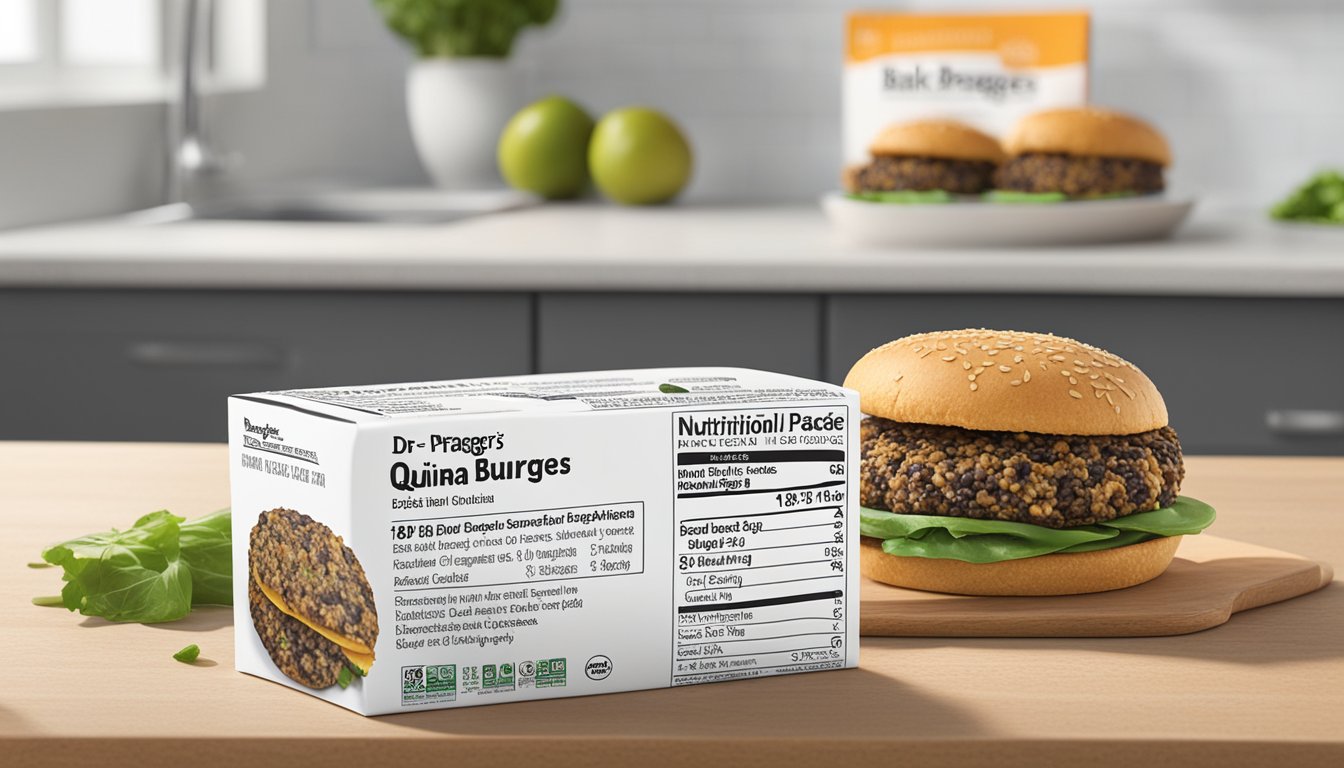 A package of Dr. Praeger's black bean quinoa veggie burgers sits on a kitchen counter, with the nutritional information label visible