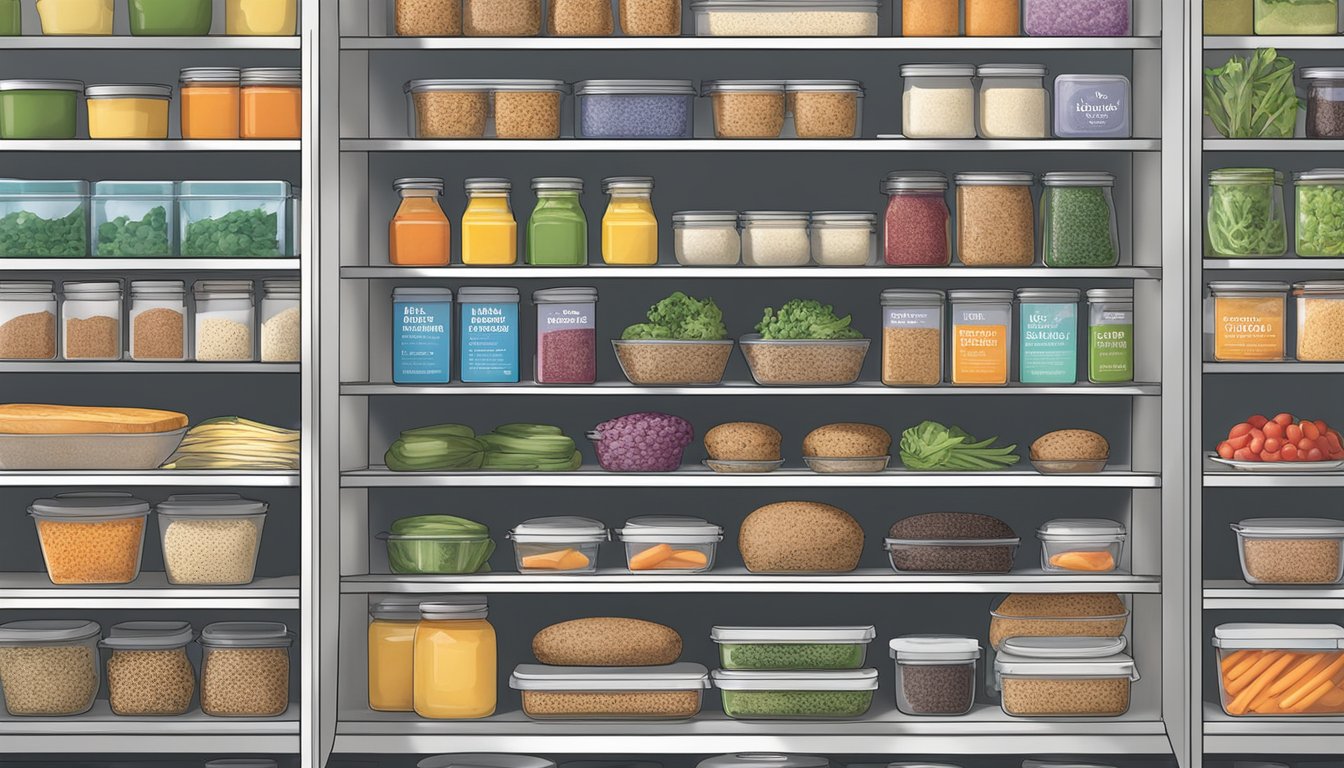 A kitchen pantry with neatly organized shelves, containing a variety of frozen food items, including Dr. Praeger's black bean quinoa veggie burgers in their packaging