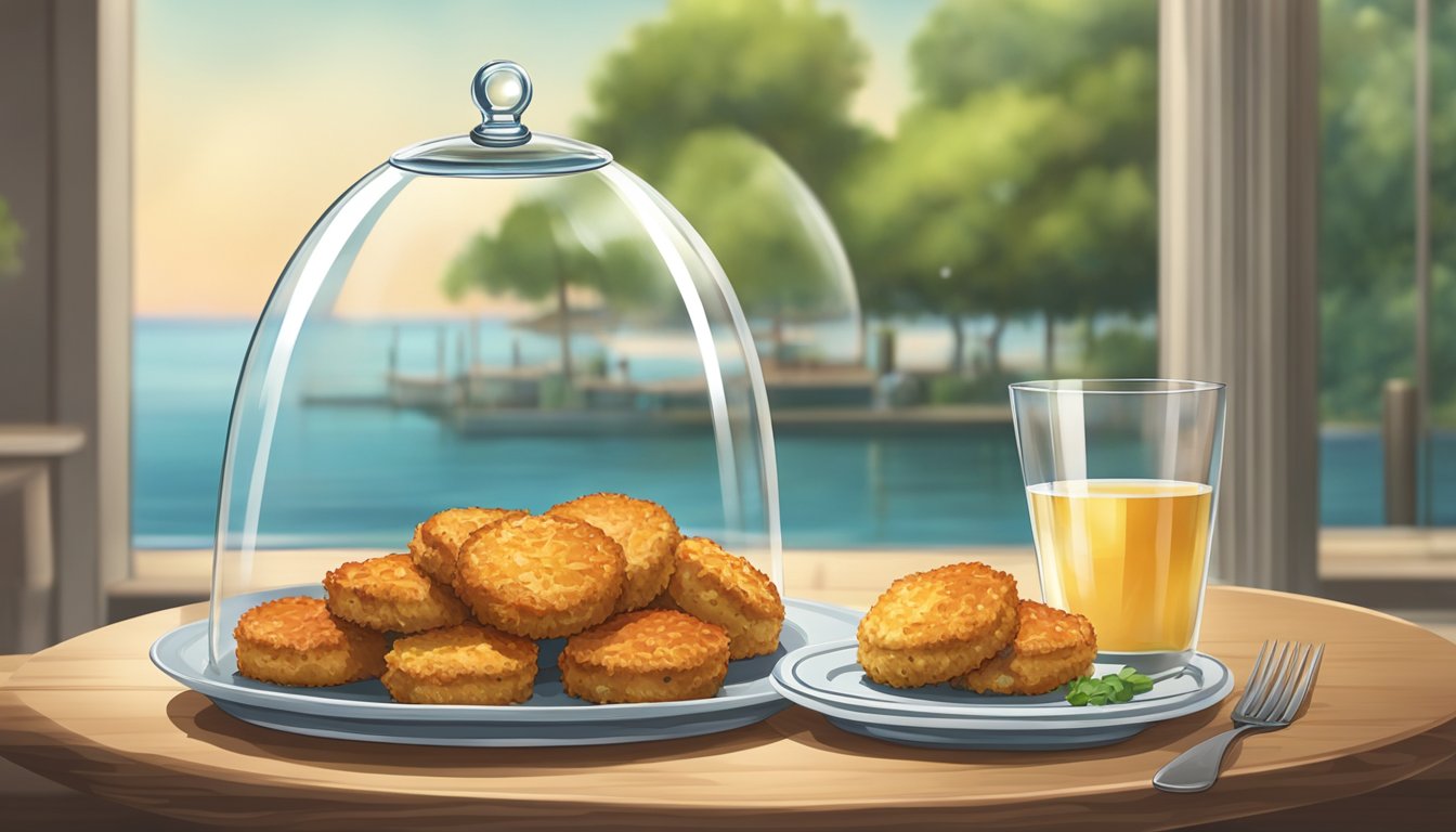 A plate of crab cakes sits on a wooden table, covered with a glass dome to preserve freshness