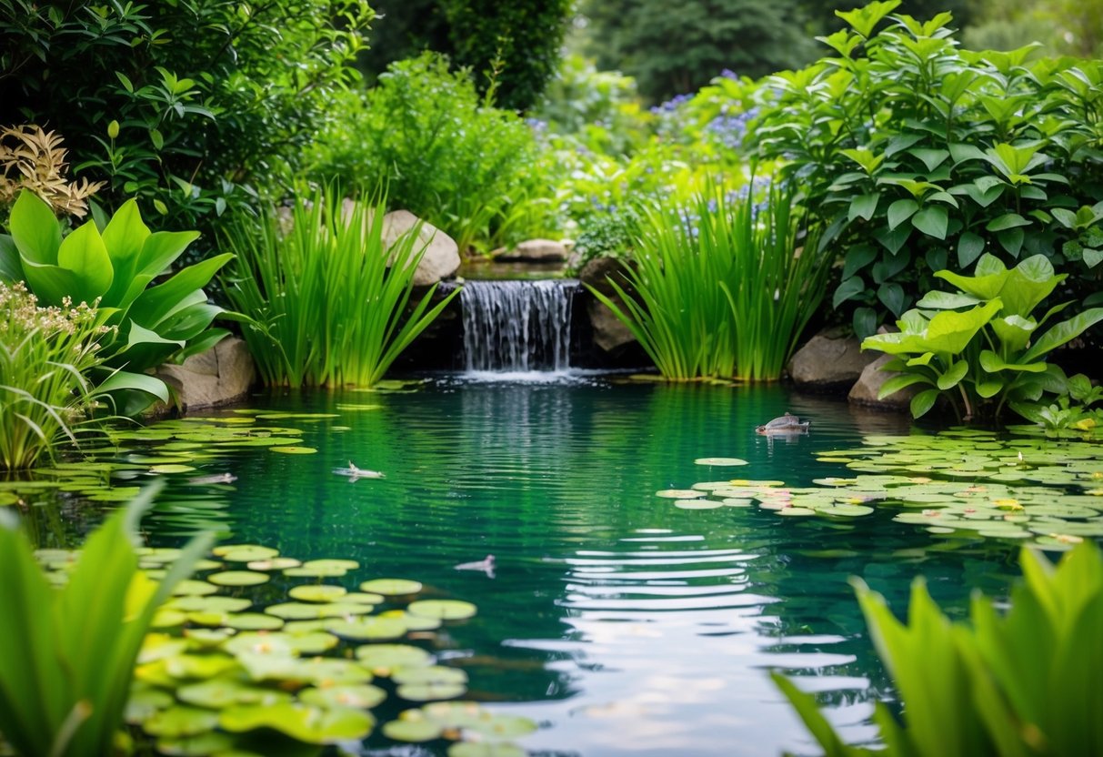 A serene pond surrounded by lush greenery, with a variety of aquatic plants and small fish swimming in the crystal-clear water. A gentle waterfall adds a tranquil ambiance to the ecosystem