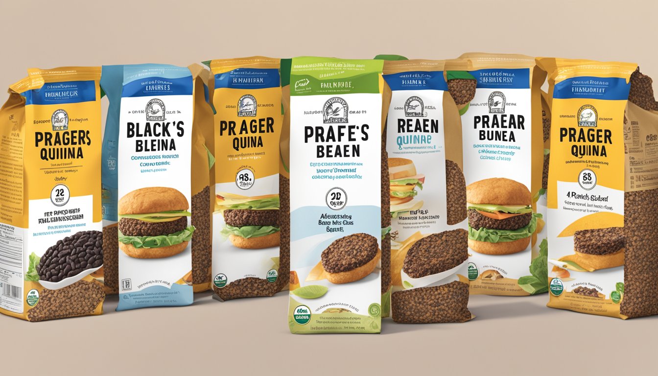 A pantry shelf with a row of Dr. Praeger's black bean quinoa veggie burgers in their packaging, with a "best by" date clearly visible