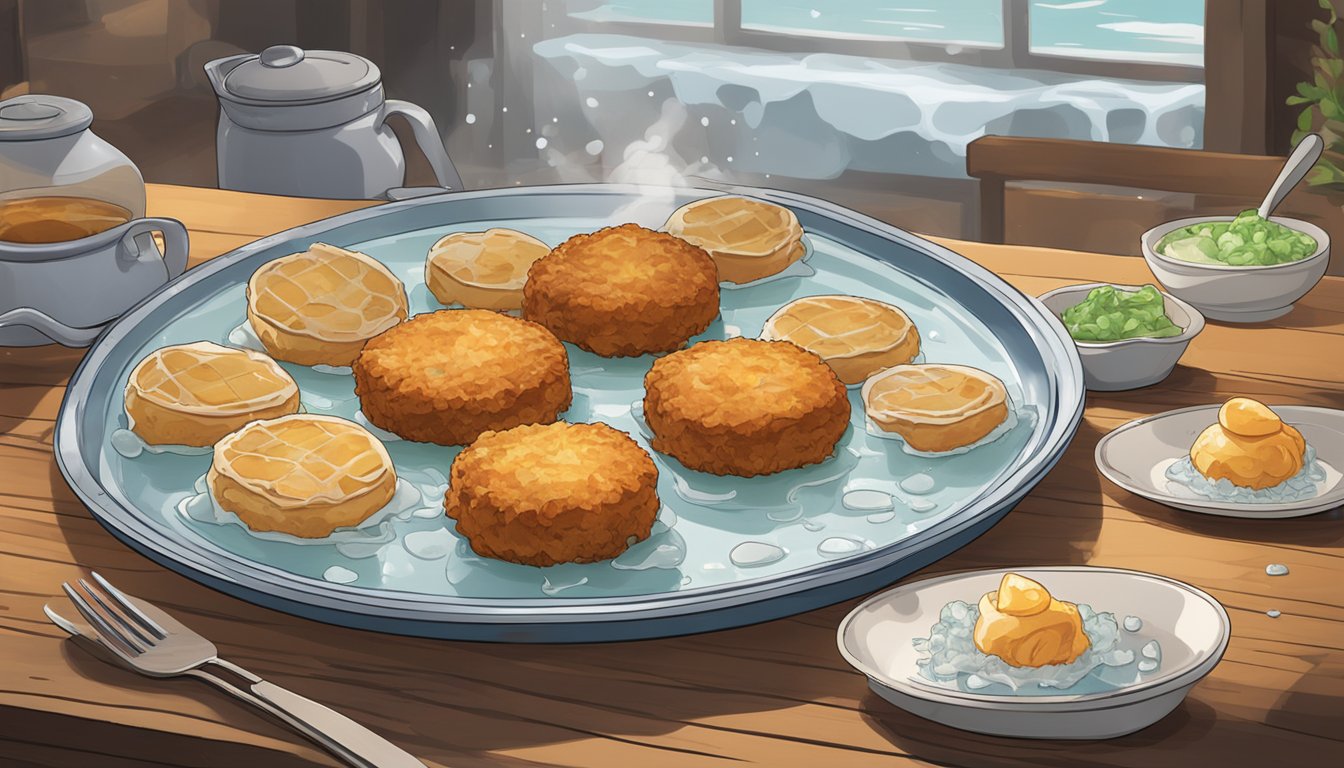 A plate of crab cakes sits on a wooden table, surrounded by melting ice. Steam rises as the cakes thaw, ready to be enjoyed