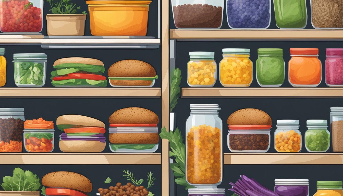 A colorful kitchen pantry shelf stocked with Dr. Praeger's black bean quinoa veggie burgers, surrounded by fresh vegetables and a variety of spices