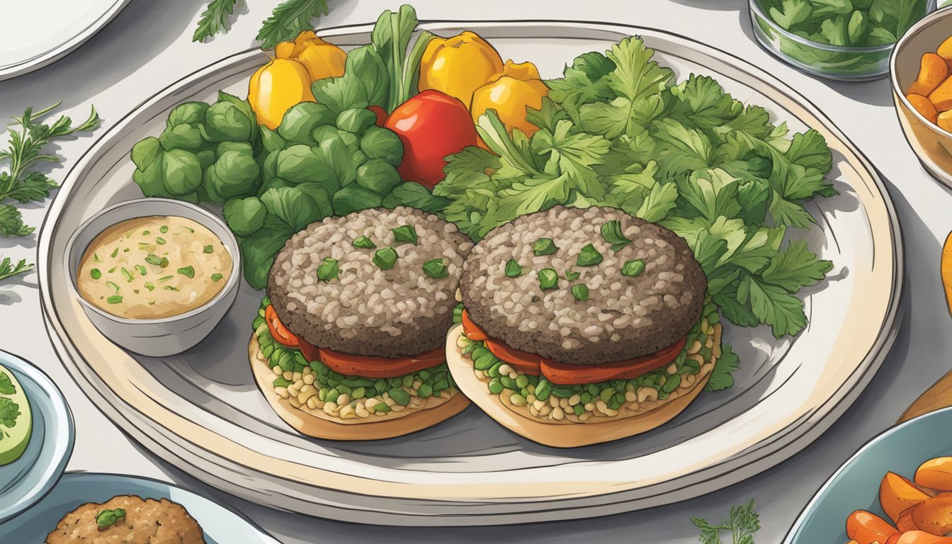 A platter of Dr. Praeger's Mushroom Risotto Veggie Burgers surrounded by fresh herbs and colorful vegetables, with a vibrant and inviting presentation