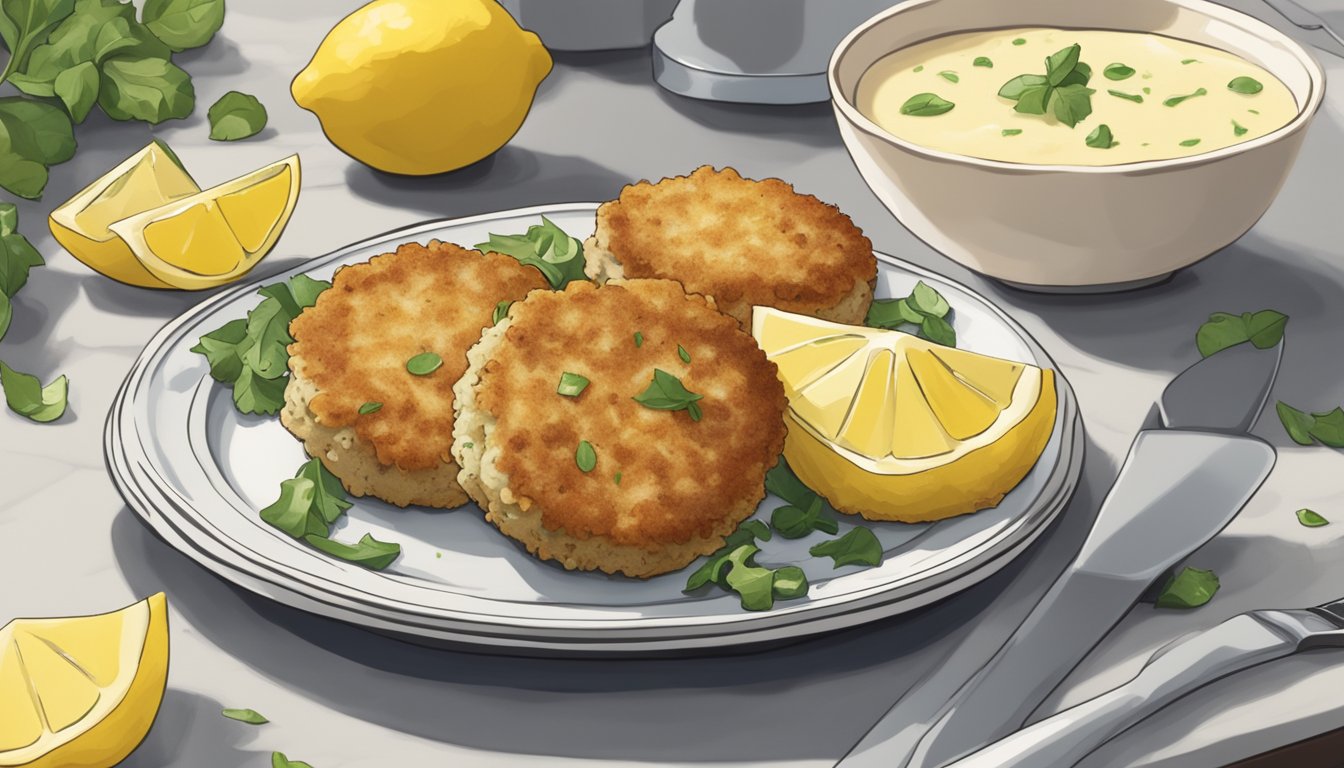 A plate of crab cakes sitting on a kitchen counter, surrounded by a few scattered lemon wedges and a small dish of tartar sauce