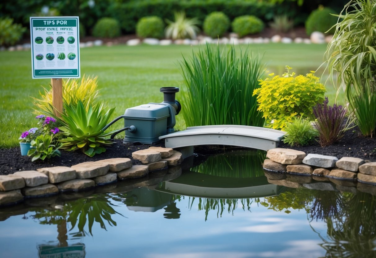 A serene pond with a pump, filter, and plants arranged around the water's edge. A small bridge crosses the pond, and a sign offers tips for pond care