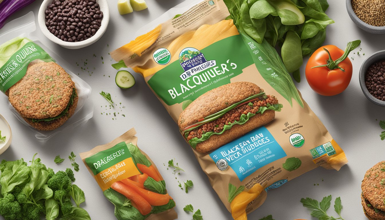 A package of Dr. Praeger's black bean quinoa veggie burgers sits on a kitchen counter, surrounded by fresh vegetables and herbs