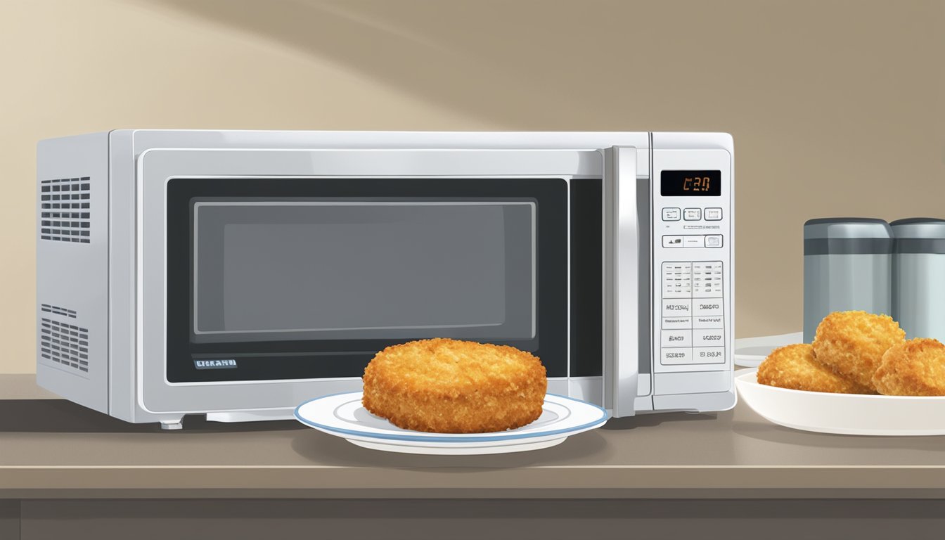 A plate of crab cakes sits in a microwave next to a damp paper towel. The microwave's digital display shows a timer counting down