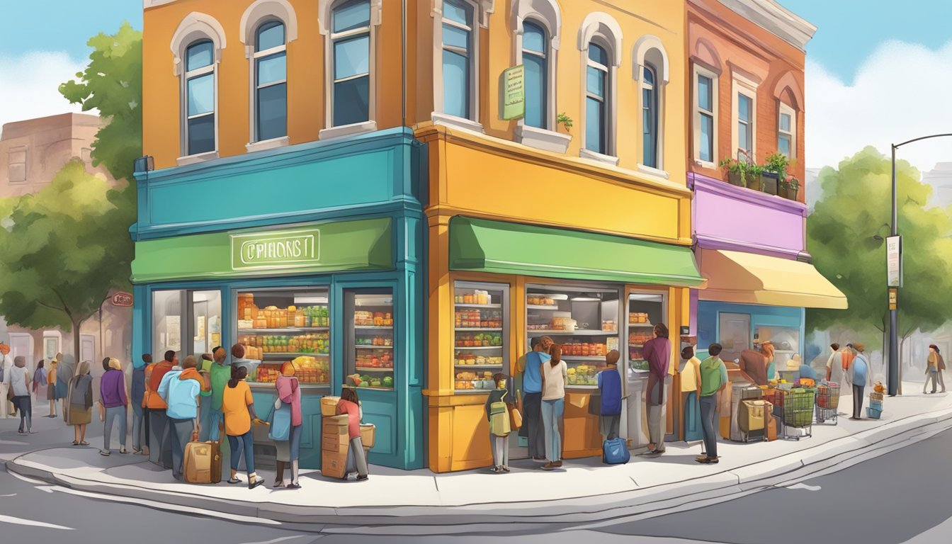 A bustling street corner with a colorful, well-stocked community fridge surrounded by diverse individuals