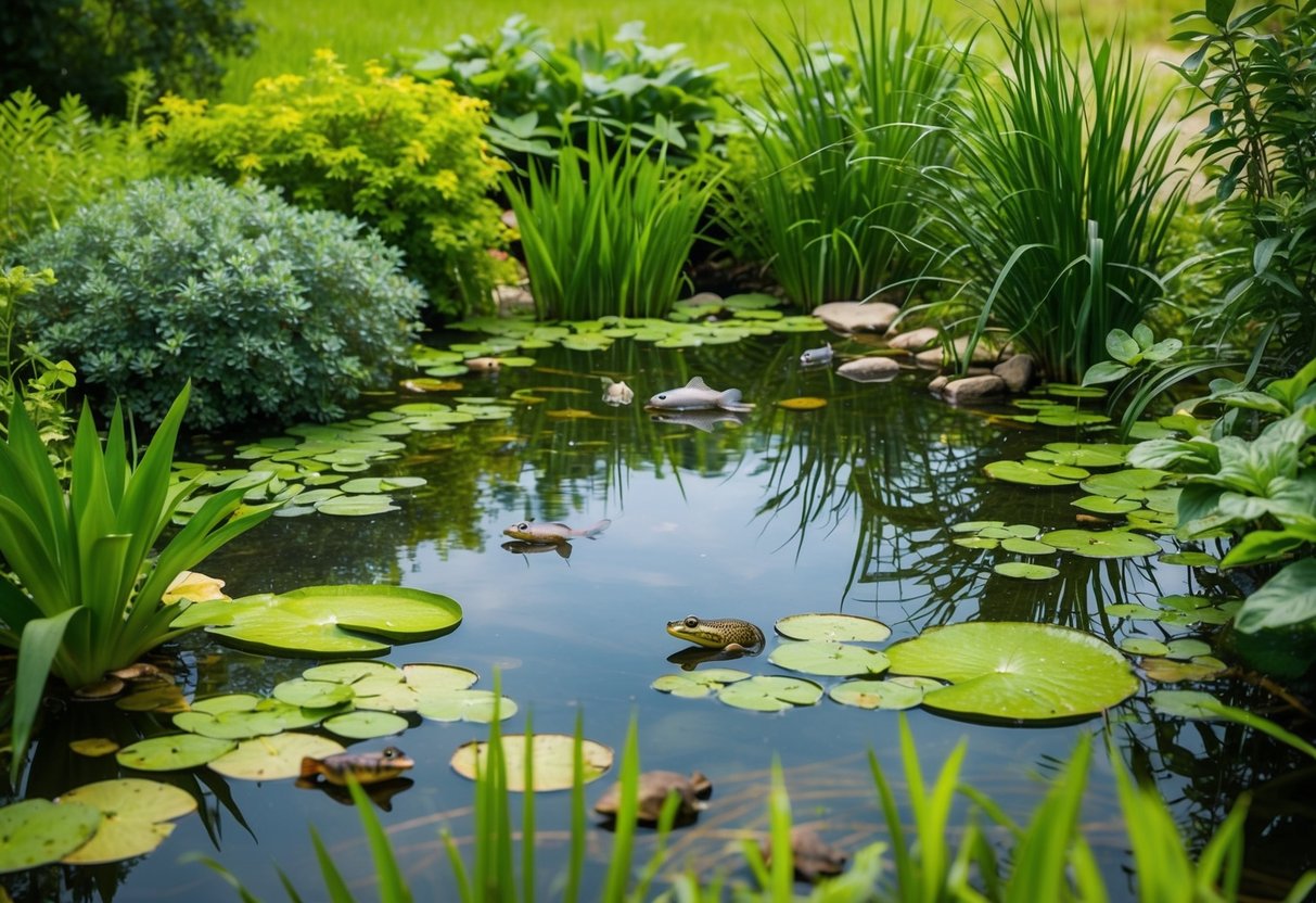 A serene pond with lush vegetation, clear water, and a variety of aquatic life, including fish, frogs, and insects, coexisting in a harmonious balance