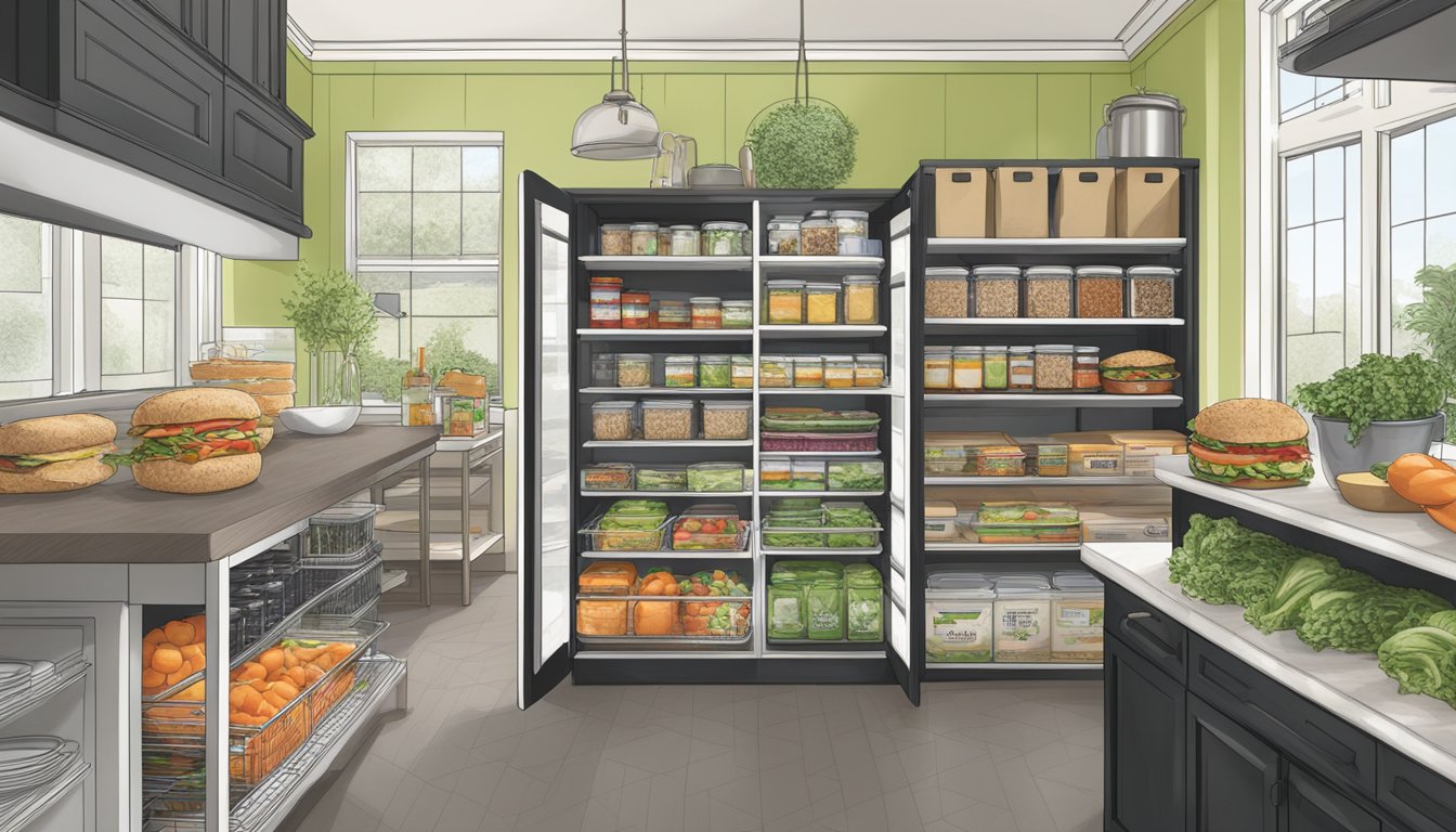 A kitchen pantry stocked with Dr. Praeger's black bean quinoa veggie burgers, surrounded by eco-friendly packaging and ethically sourced ingredients