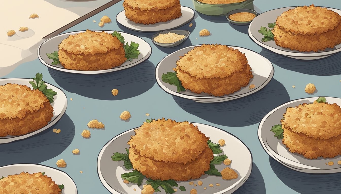 A plate of crab cakes sits on a countertop, surrounded by a few scattered crumbs. The cakes appear fresh and well-formed, with a golden brown crust