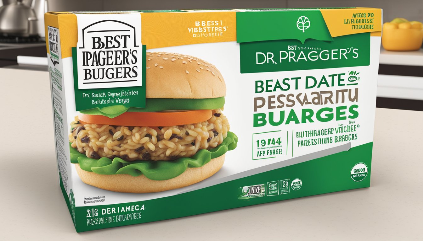 A package of Dr. Praeger's mushroom risotto veggie burgers sits on a kitchen counter, with a "best by" date clearly visible on the packaging