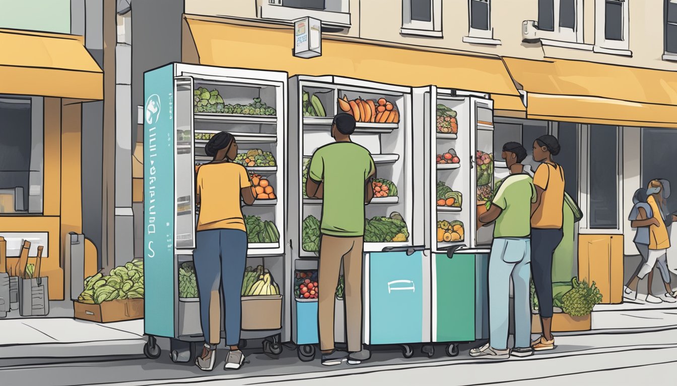 A community fridge stands on a bustling street corner, filled with fresh produce and non-perishable items. People come and go, contributing to and taking from the fridge, fostering a sense of unity and support within the Arlington community