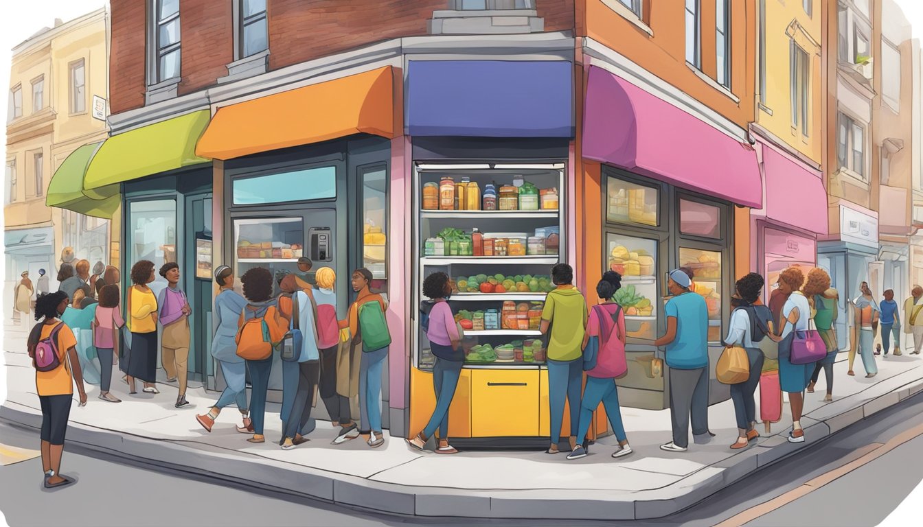 A bustling street corner with a colorful, well-stocked community fridge surrounded by people from diverse backgrounds