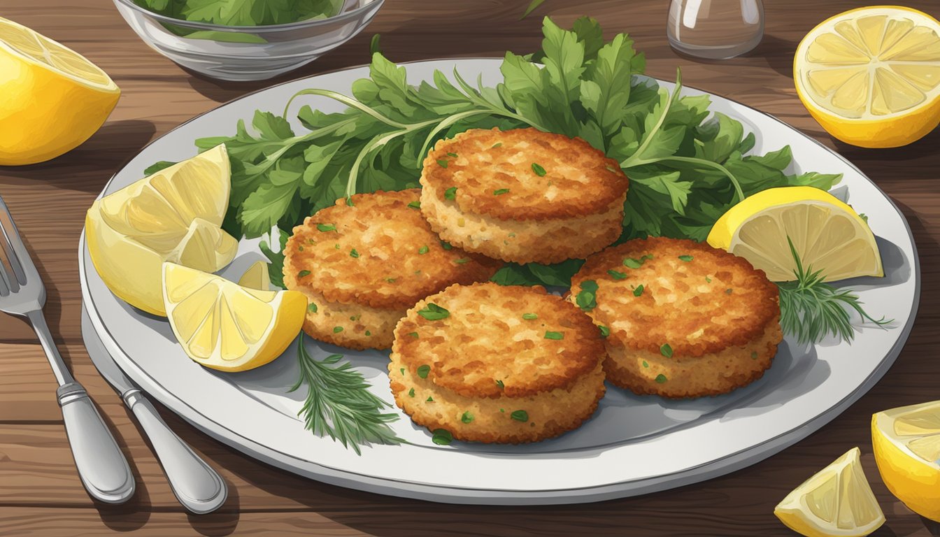 A plate of crab cakes sits on a wooden table, surrounded by lemon wedges and garnished with fresh herbs