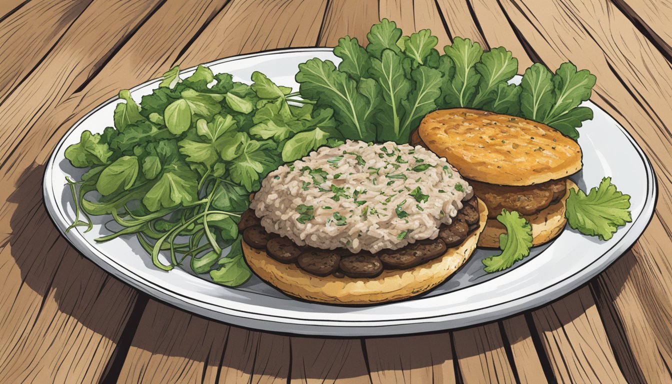 A plate of Dr. Praeger's mushroom risotto veggie burgers with fresh herbs and a side of mixed greens, set on a rustic wooden table