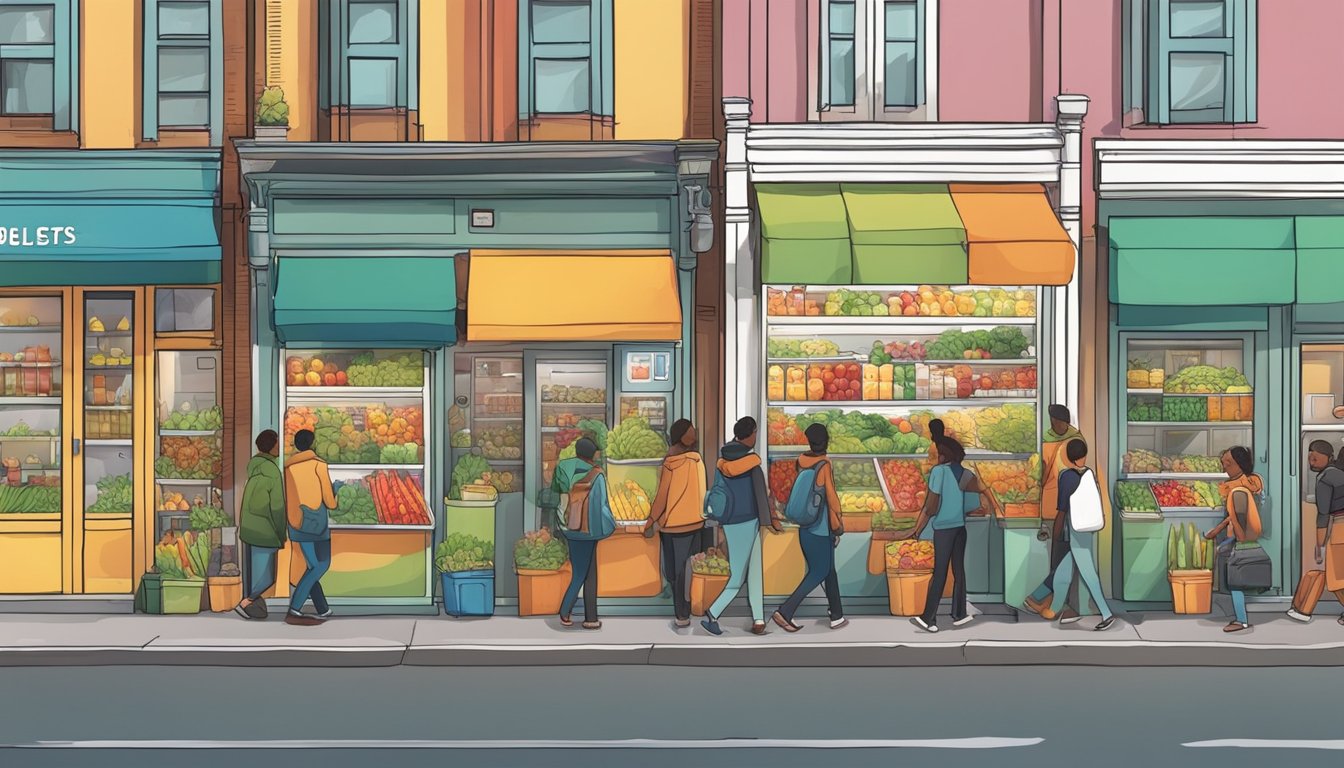 A brightly colored community fridge stands on a bustling street corner, filled with fresh produce and packaged goods, surrounded by people coming and going