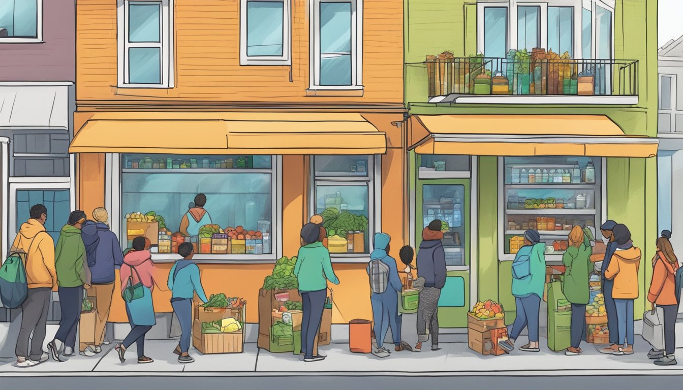 A bustling street scene with people donating and taking food from a brightly colored, well-stocked local community fridge in Gresham