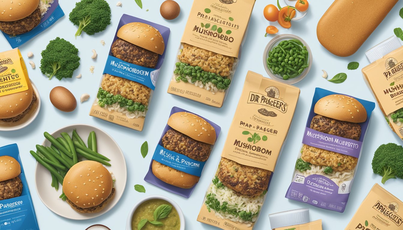 A package of Dr. Praeger's mushroom risotto veggie burgers sits on a kitchen counter, surrounded by fresh ingredients and other similar products