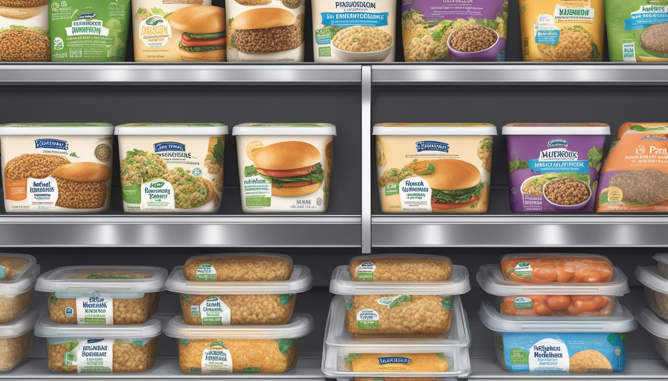 A package of Dr. Praeger's mushroom risotto veggie burgers sits on a shelf, surrounded by other frozen food items in a grocery store freezer