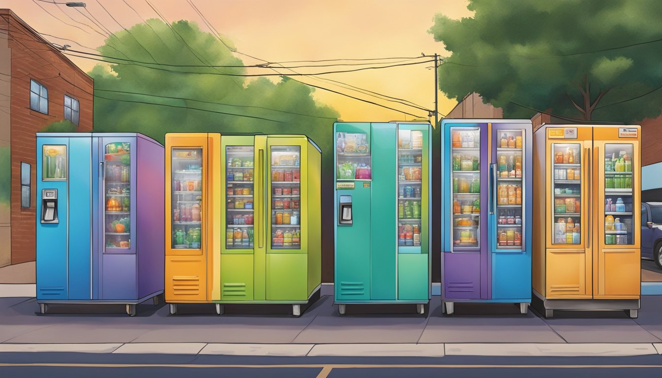 A colorful array of community fridges nestled among bustling streets and vibrant murals in Arlington, Texas