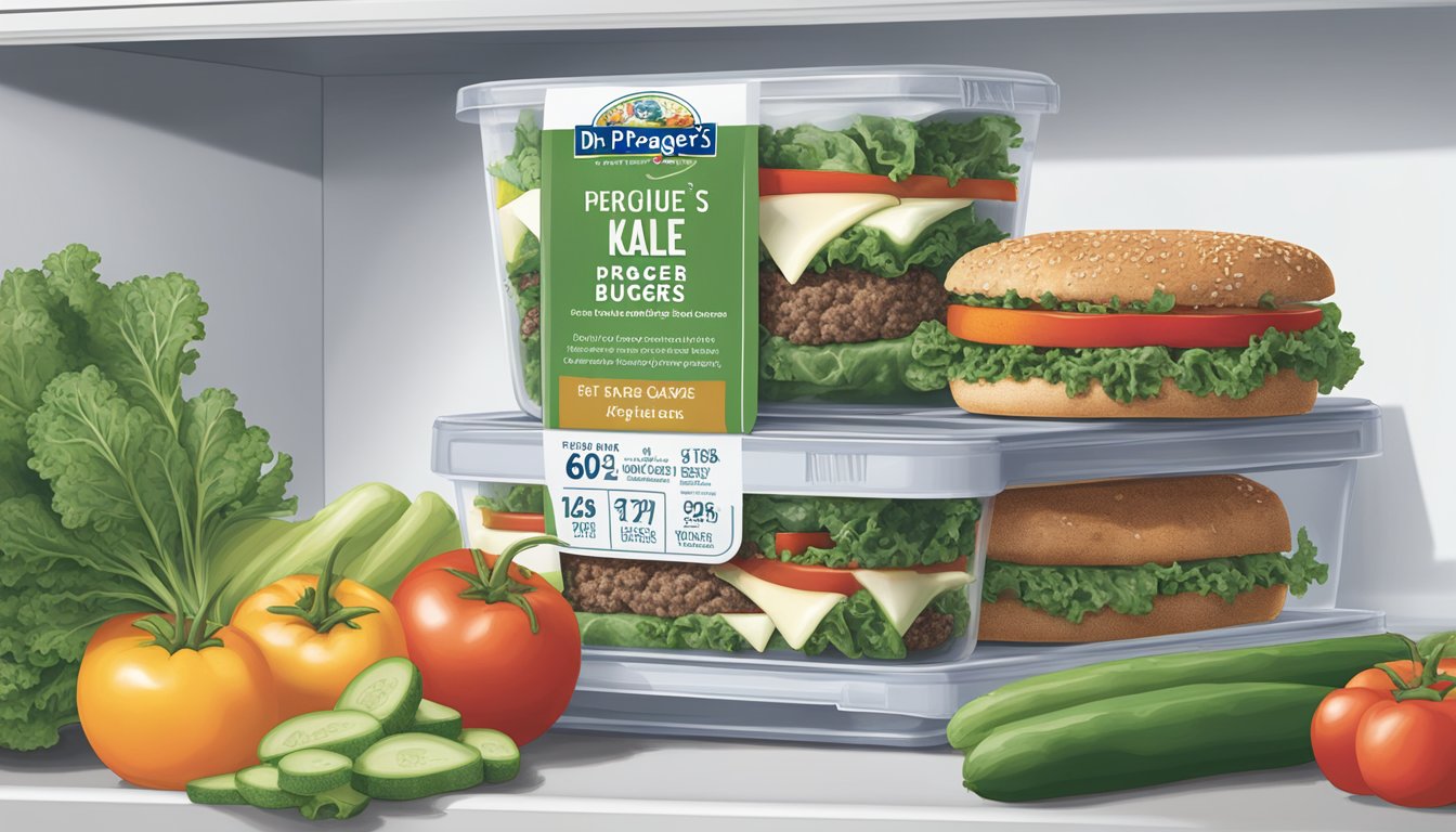 A package of Dr. Praeger's Kale Veggie Burgers sits in a refrigerator, surrounded by fresh produce and condiments. The date on the package indicates it is within the recommended expiration date