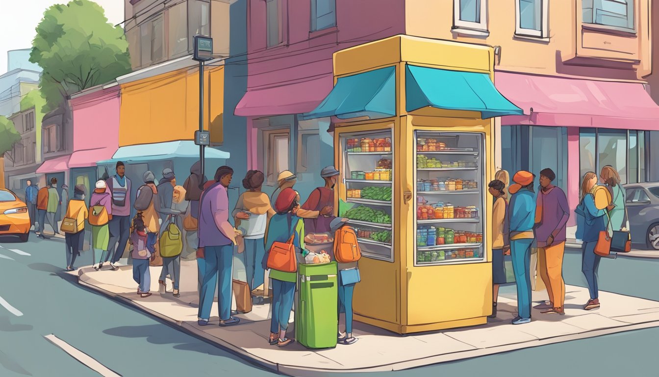 A bustling street corner with a colorful, decorated community fridge surrounded by people donating and taking food