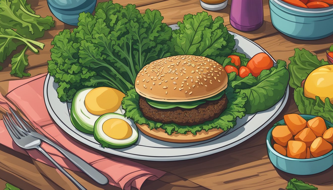 A plate of kale veggie burgers sits on a wooden table, surrounded by fresh kale leaves and vibrant vegetables. The burgers appear juicy and flavorful, enticing viewers with their nutritional benefits