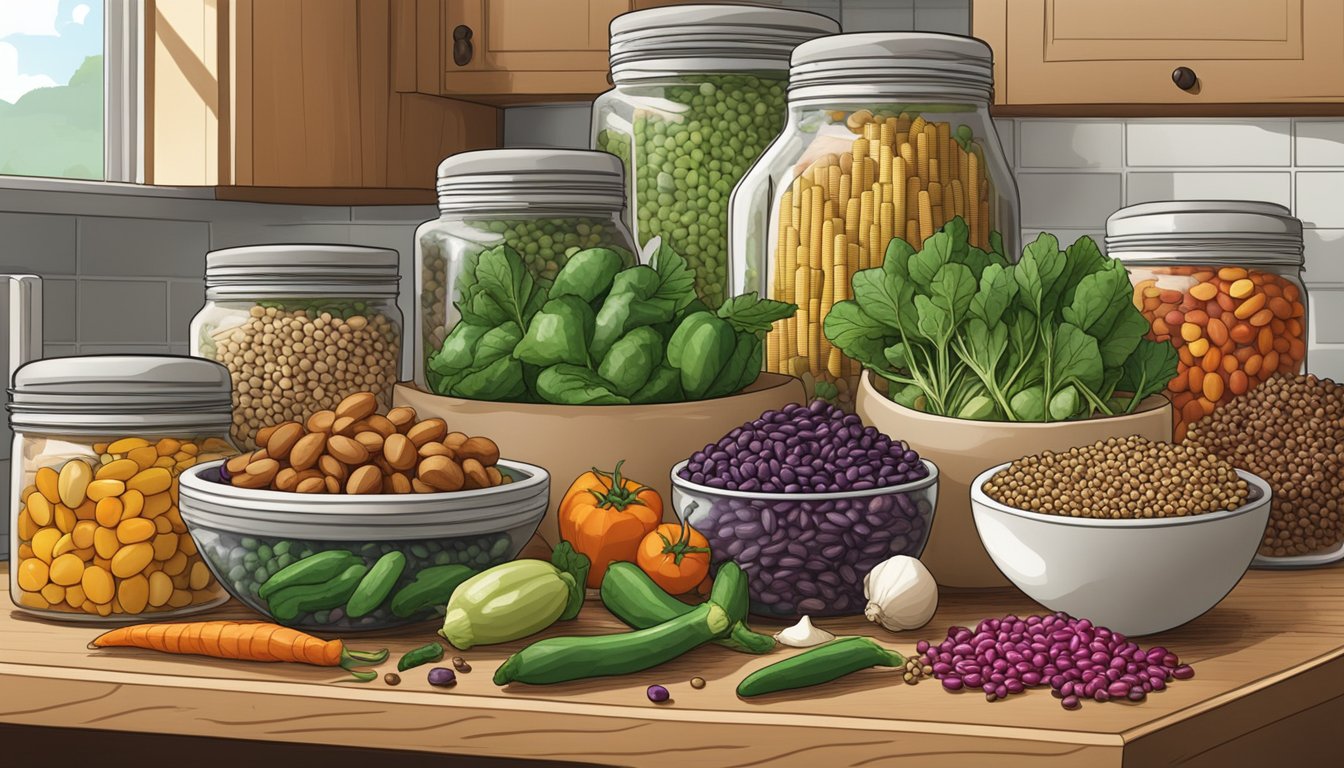 A colorful array of heirloom beans, fresh vegetables, and flavorful seasonings arranged on a kitchen counter