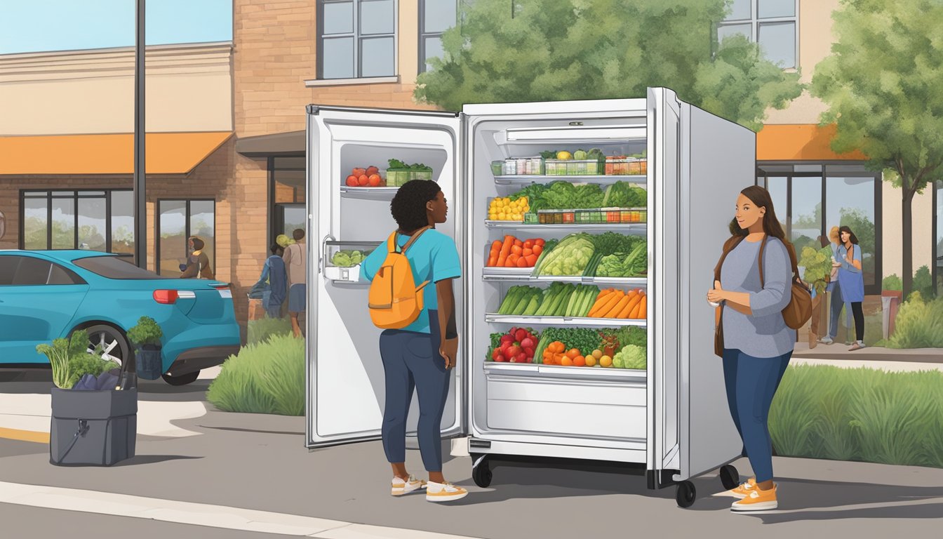 A community fridge filled with fresh produce, canned goods, and packaged foods, surrounded by eager residents in Arlington, TX