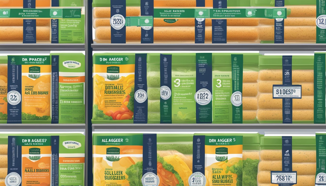 A pantry shelf with neatly arranged boxes of Dr. Praeger's kale veggie burgers, with a "best by" date clearly visible on the packaging