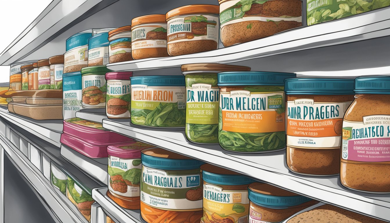 A pantry shelf with Dr. Praeger's heirloom bean veggie burgers, expiration date visible