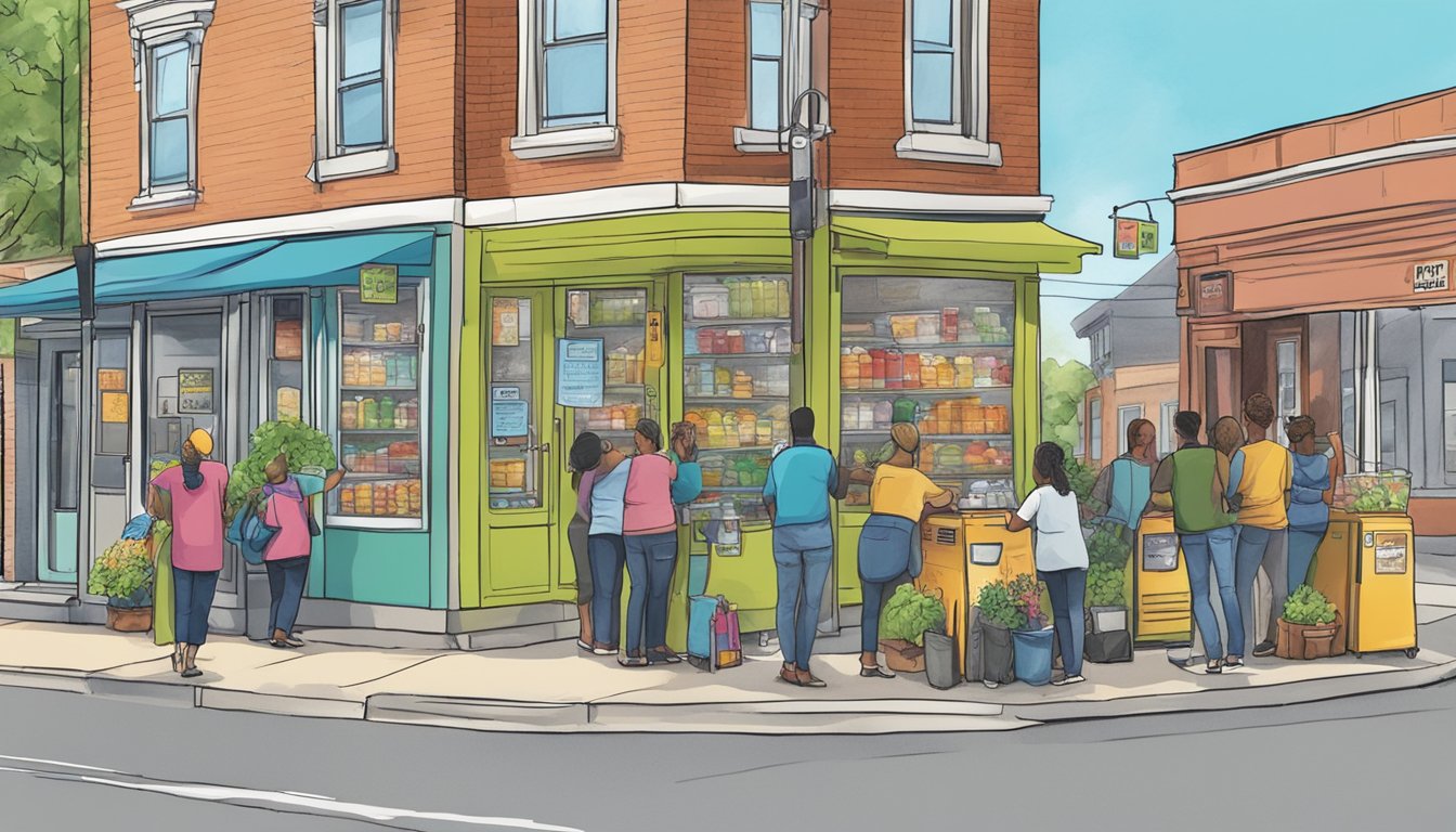 A bustling street corner with a colorful community fridge surrounded by partner organizations offering support in Murfreesboro, TN