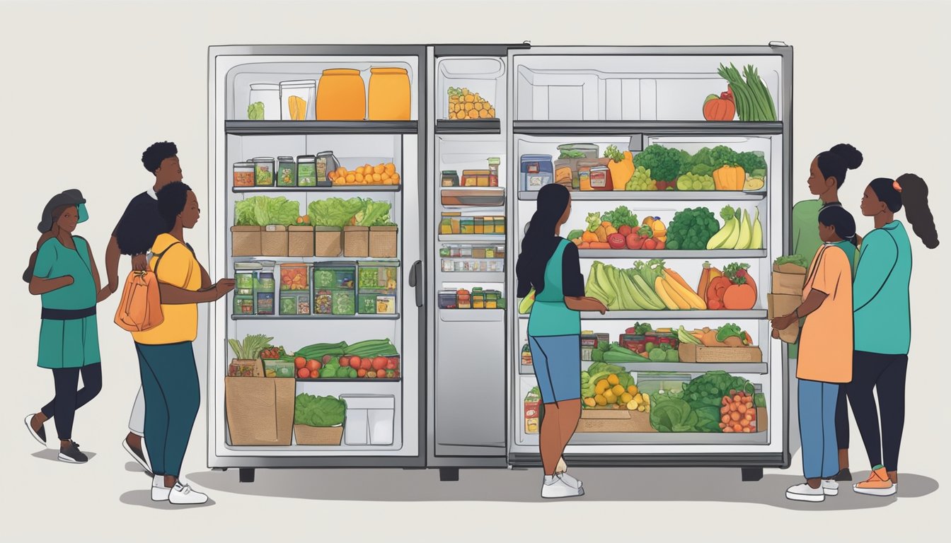 A bustling community fridge filled with fresh produce and shelves of non-perishable goods, surrounded by a diverse group of people exchanging items