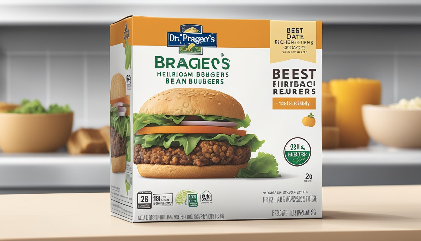 A package of Dr. Praeger's heirloom bean veggie burgers sits in a refrigerator, with a "best by" date clearly visible on the packaging