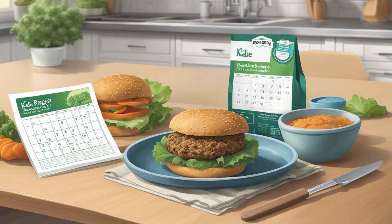 A kitchen counter with a package of Dr. Praeger's kale veggie burgers next to a calendar showing the current date and an expiration date marked on the package