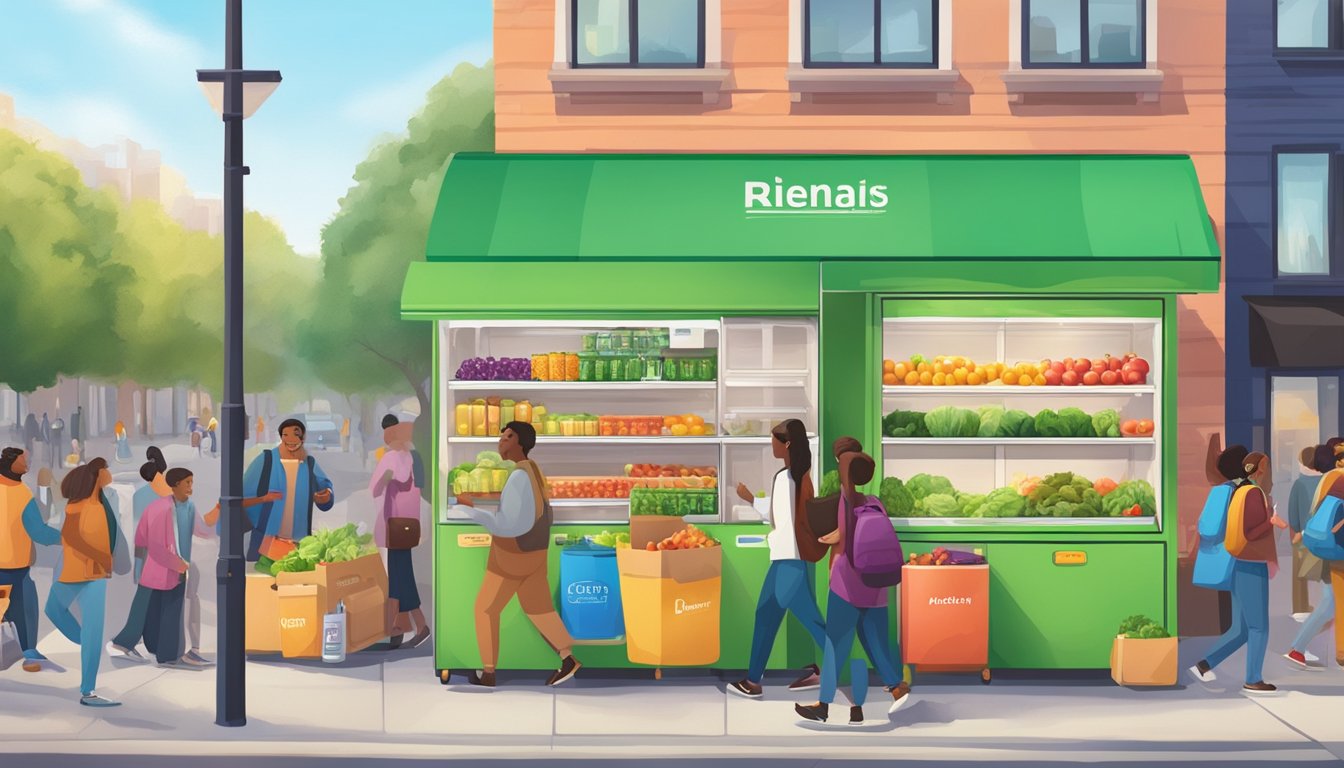 A brightly colored community fridge stands on a busy street, surrounded by people dropping off fresh produce and canned goods