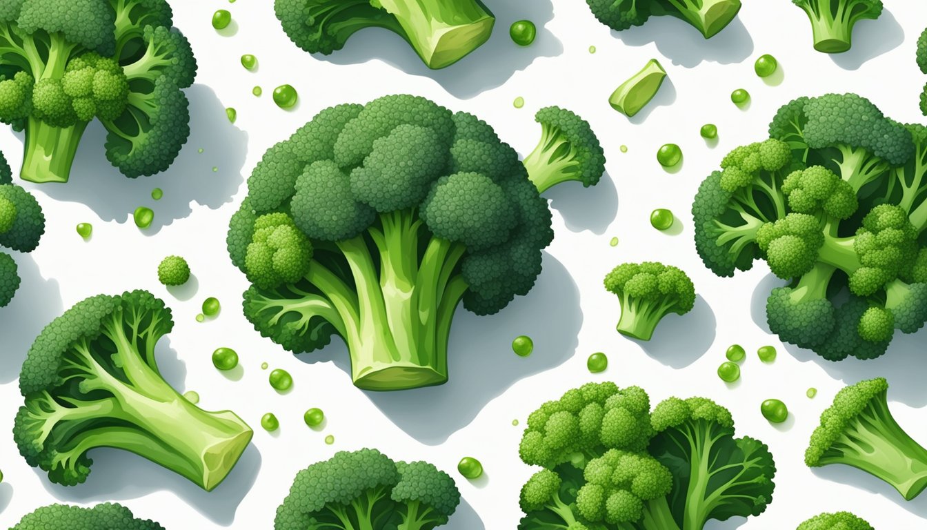 A vibrant bunch of Earthbound Farm Organic Broccoli Florets, arranged on a clean, white surface, surrounded by scattered water droplets