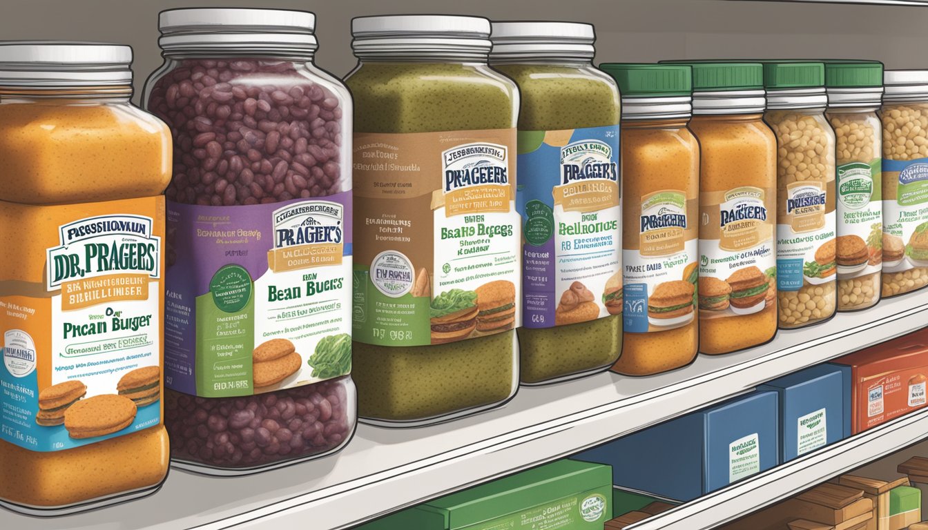 A pantry shelf with a package of Dr. Praeger's Heirloom Bean Veggie Burgers, alongside a storage guide showing recommended shelf life