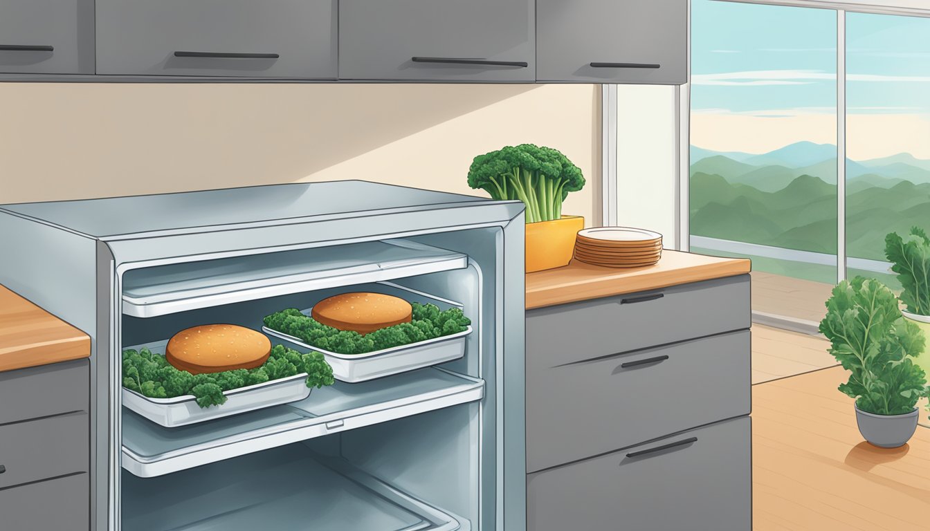 A kitchen scene with a package of Dr. Praeger's kale veggie burgers being stored in the refrigerator to avoid cross-contamination