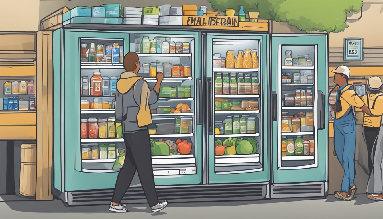 A bustling local community fridge in Murfreesboro, TN, with people accessing and contributing to the stocked shelves