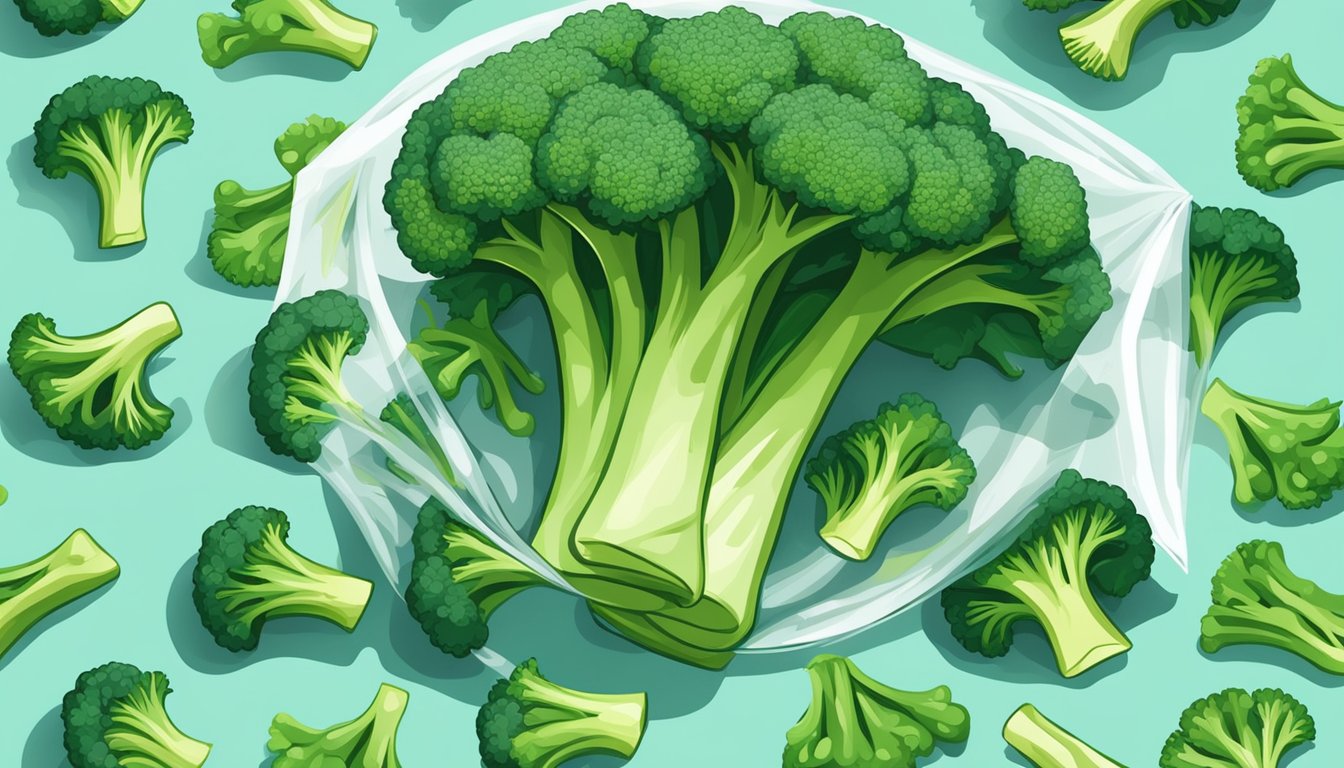 A bunch of fresh organic broccoli florets spilling out of a clear plastic bag, surrounded by vibrant green leaves