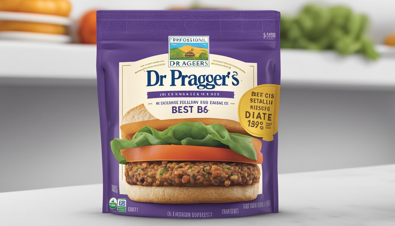 A package of Dr. Praeger's heirloom bean veggie burgers sits on a shelf, with a "best by" date clearly displayed