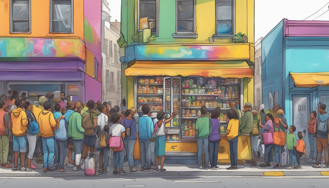 A bustling street corner with a colorful, graffiti-covered fridge surrounded by a diverse group of people donating and taking food