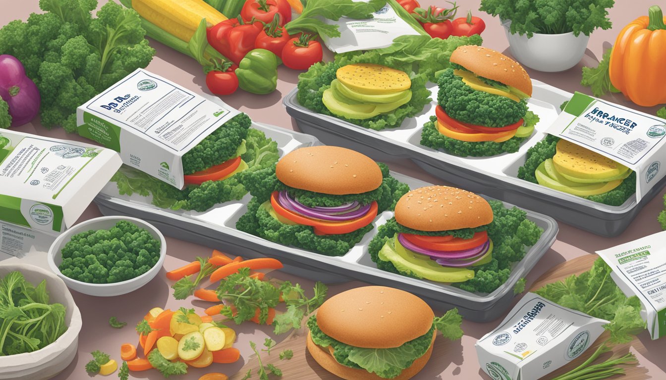 A colorful display of Dr. Praeger's kale veggie burgers in various packaging, surrounded by vibrant vegetables and herbs